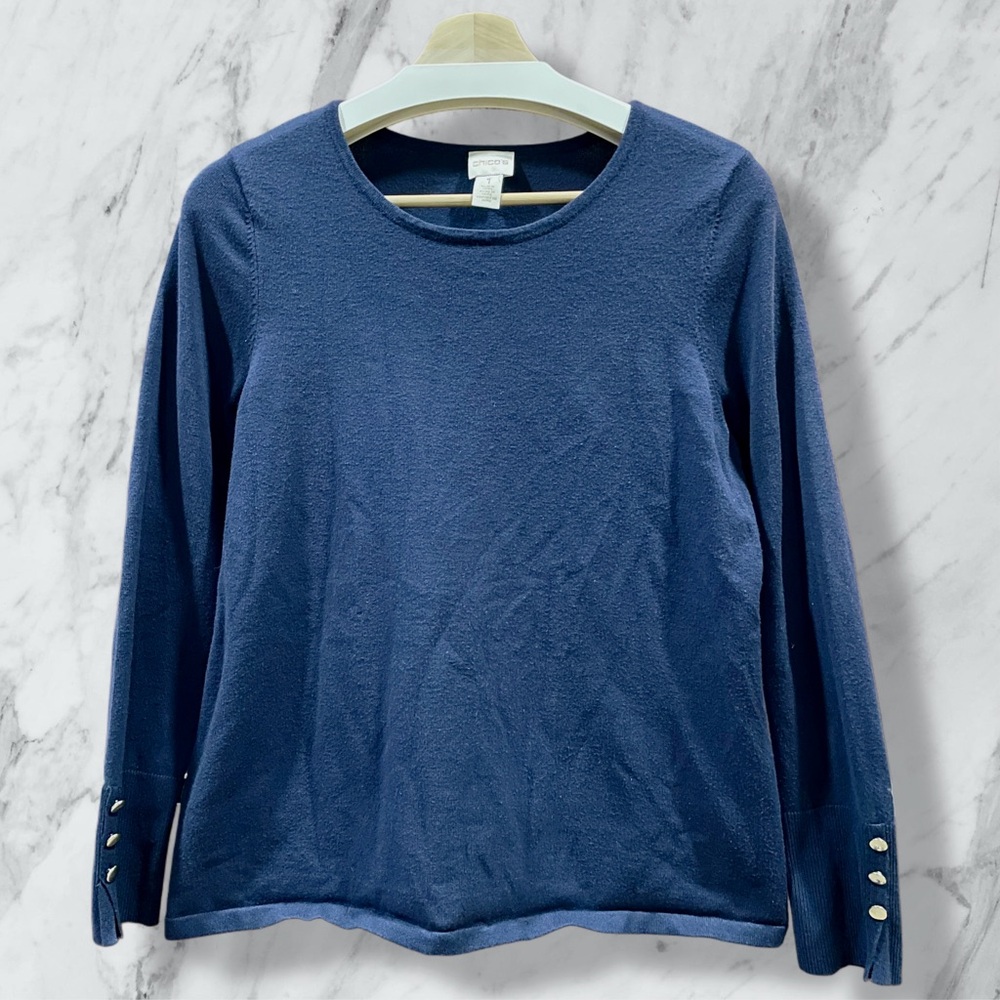 Chico's Navy Crew Neck Sweater with Gold Button Accents